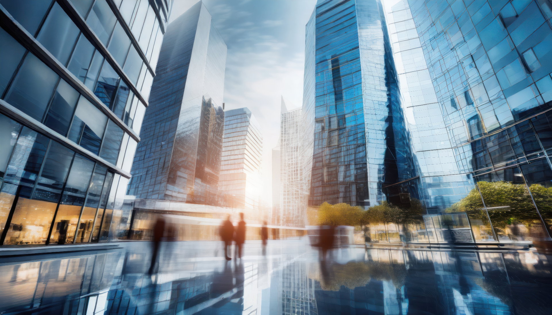 Modern glass towers with business professionals in motion — services backdrop for Phenom Consulting